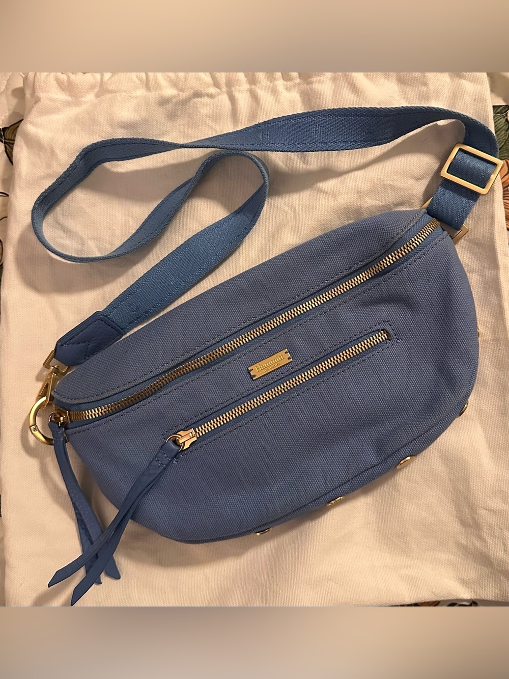 Hammitt Dusty Blue Canvas Crossbody Bag with Gold Hardware